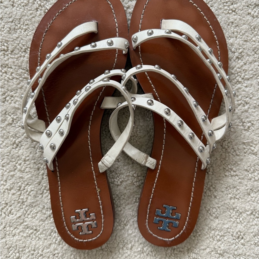 Tory Burch White and Brown Leather Sandals